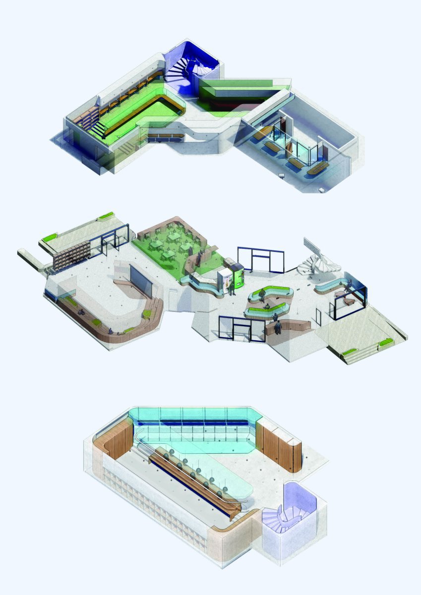 Project Description:  Communal Pockets: Developing Fluid Spaces within a Residential Hall This design project, winner of the GUA (global undergraduate awards) highly commended, was focused on the redesign of an existing dormitory on our campus that lacked the amenities and communal elements that create dynamism on a campus, leading to a vacancy rate of over 50%. Our approach to the redesign of the hall featured an analysis of circulation and movement through the building, which is highly constrained by the existing geometry, having 45° and 90° angles throughout the space. The analysis and experiments with flow led to the creation of pockets of space which slow residents down and create areas of activity and social engagement. The softly curved and inward spiraling pockets include amenities that students require for a more convenient, functional, educational and fun quality of life. The dorms are separated into two blocks, arranged around large courtyards and connected at the entrance lobby. Large and small communal spaces are distributed across the two courtyard blocks to create a more interactive living community where students from both blocks are encouraged to mix, meet and interact. The new design features a new lobby with lively commercial areas such as a student run cafe, enclosed seating areas which can be used for presentations, comfortable waiting areas for guests and multiple entrances to ease the commute from the dorm to the larger campus. Spiraling nooks and eddies are also used to provide different communal spaces throughout the rest of the dormitory. Formal spaces such as the library and informal spaces like a laundry/study room establish a range of spaces where students can interact and form relationships with their friends and peers.